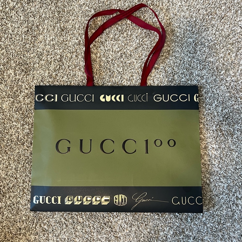 Gucci Olive and Black Shopping Bag with Red Handles
